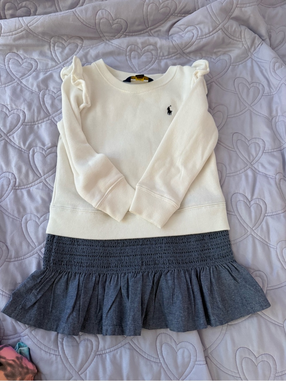 Polo by Ralph Lauren Cream Ruffle Sweatshirt Dress with Navy Skirt Hem